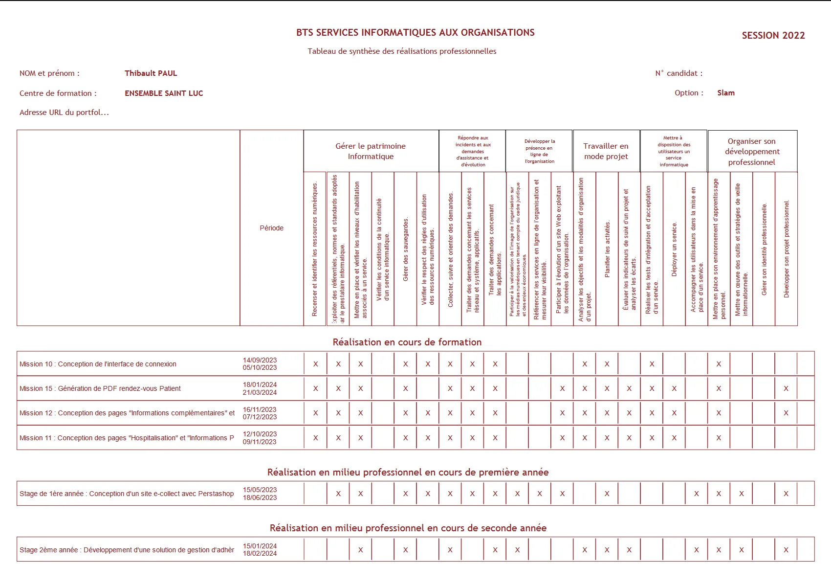 Tableau de compétences de Thibault PAUL